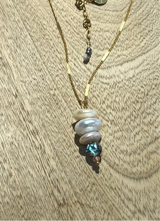 CHMP-131A Collar con 3 perlas blancas, hematita y perla negra